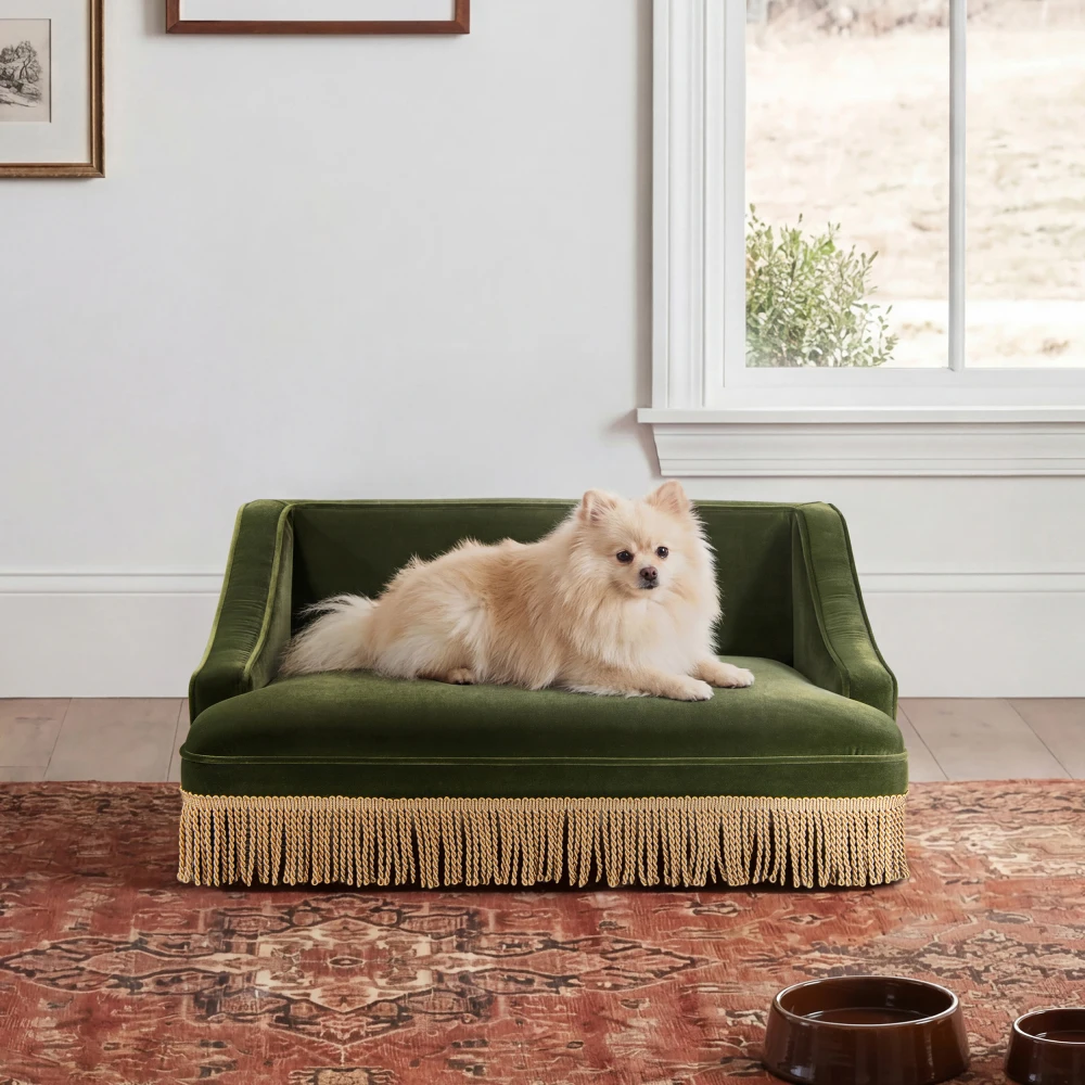 

Duchess 33" Medium Princess Pet Bed Sofa with Fringe Skirt, Olive Green Performance Velvet