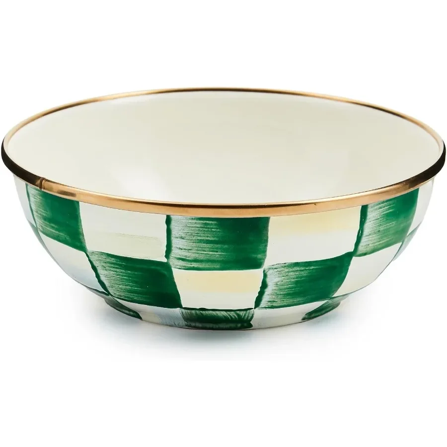 

Enamel Everyday Bowl Serving Bowl for Entertaining Extra Small GreenandWhite Emerald Check