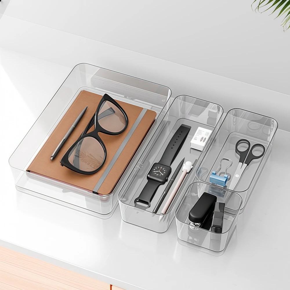 4pcs office desk partition card, note storage box, stationery pen, rectangular plastic desk organizer, small placement box