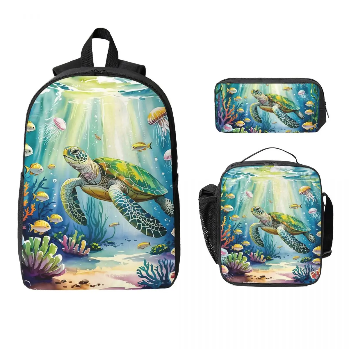 Vibrant Turtle And Waterweed Art Backpack Student BookBag School Bag Laptop Shoulder Bags 3ps Insulated Lunch Bag Pencil Case