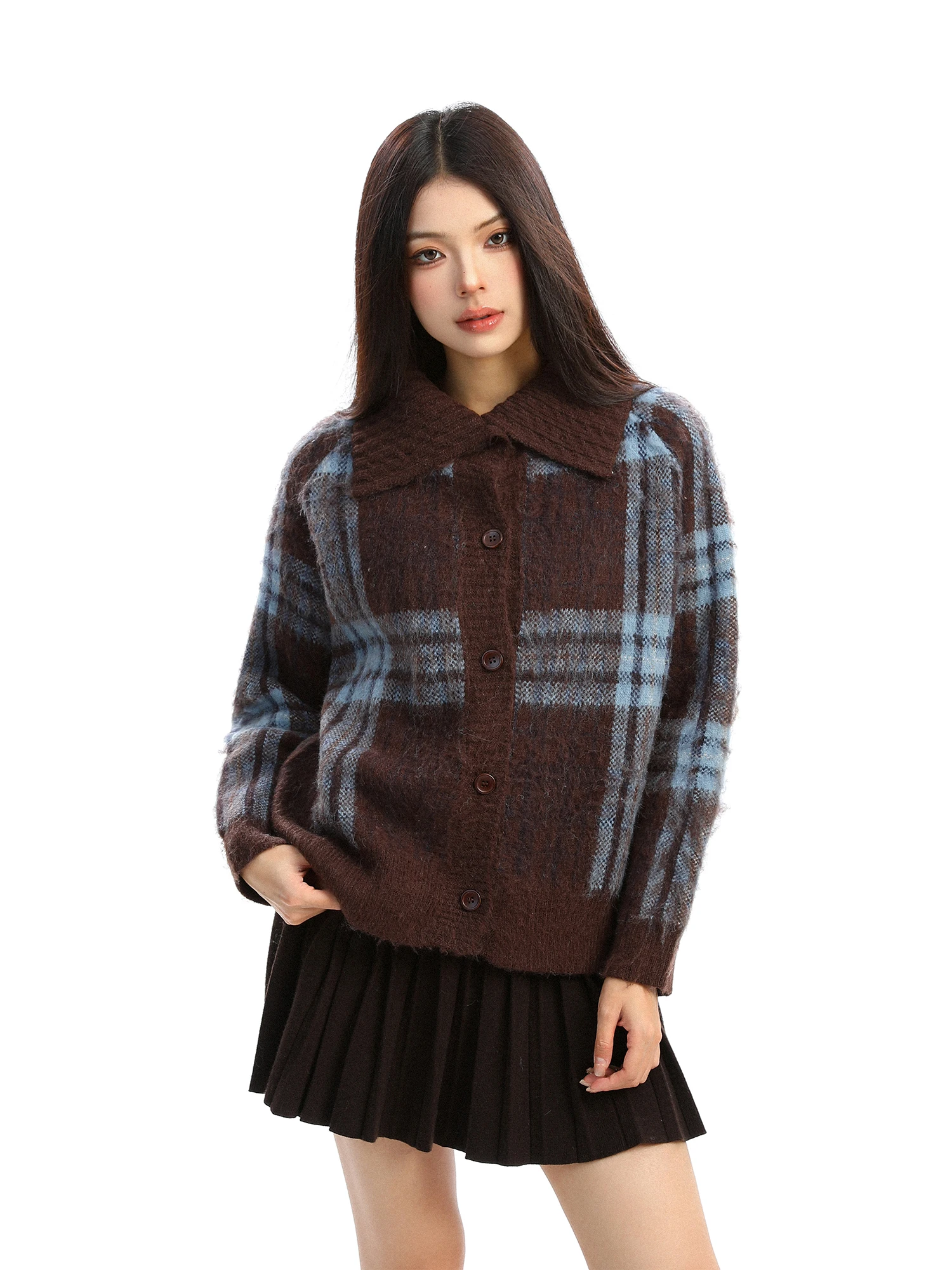 

Теплый вязаный свитер в клетку с воротником для женщин, осенне-зимняя верхняя одежда, корейский стиль, разноцветный трикотаж, повседневный свободный крой