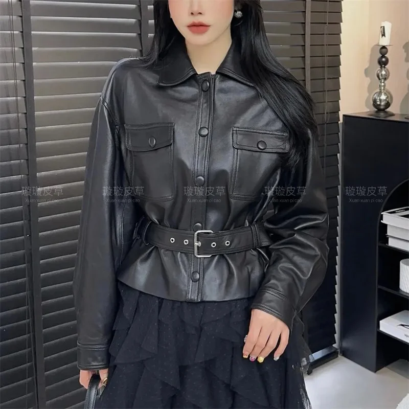 

Leather Jacket Women's Jackets Spring and Autumn Fashion Lapel Single-breasted Belt Fashion Short Beautiful Leather Coat Woman