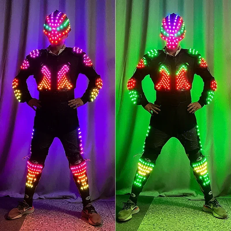 Adult LED Costume Robot Warrior Men Light Up Armor Skull Helmet Nightclub Bar Circus Stage Show Dance Clothes Party Outfit Fancy