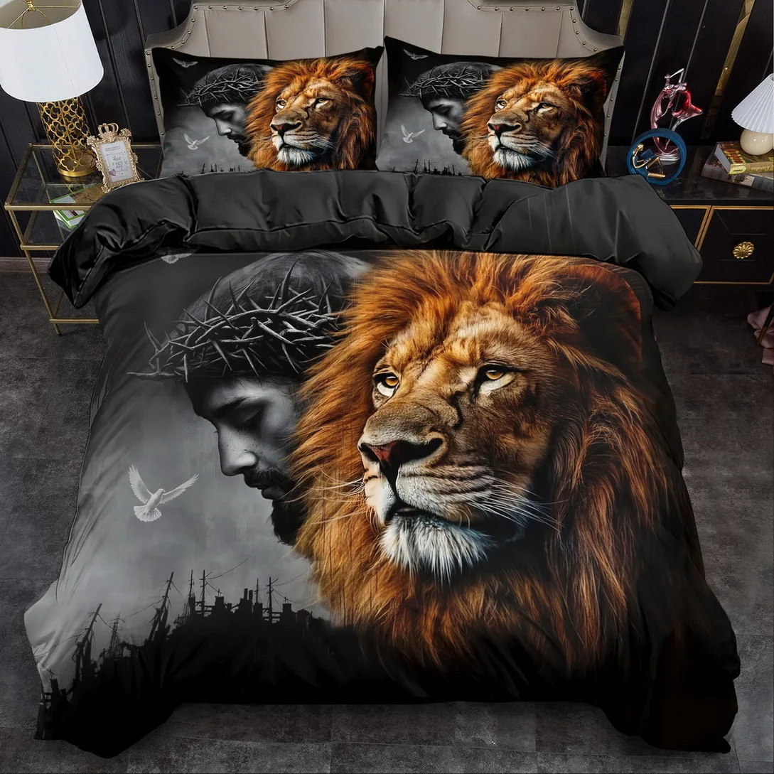 Lion Bedding Set 3D Printed Single Queen Size Duvet Cover Set for Kids Adult Bedroom Home Decor Machine-washable