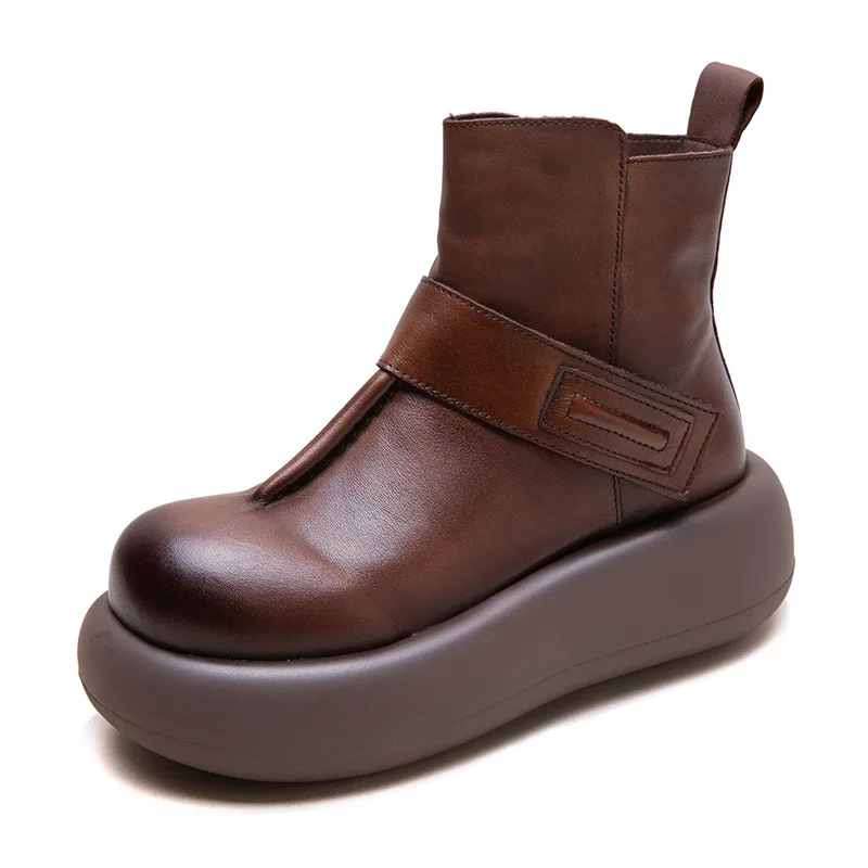 

5cm Moccasins Women Cow Genuine Leather Autumn Wedge Ankle Boots Retro Spring Ethnic ZIP Platform Warm Winter Plush Shoes