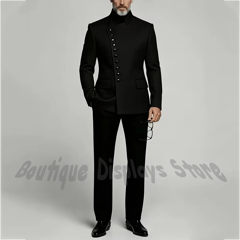 Black Stand Collar 2-Piece Men's Suit Asymmetric Button Closure Blazer Slim Fit Gala Party Formal Events Banquet Business Outfit