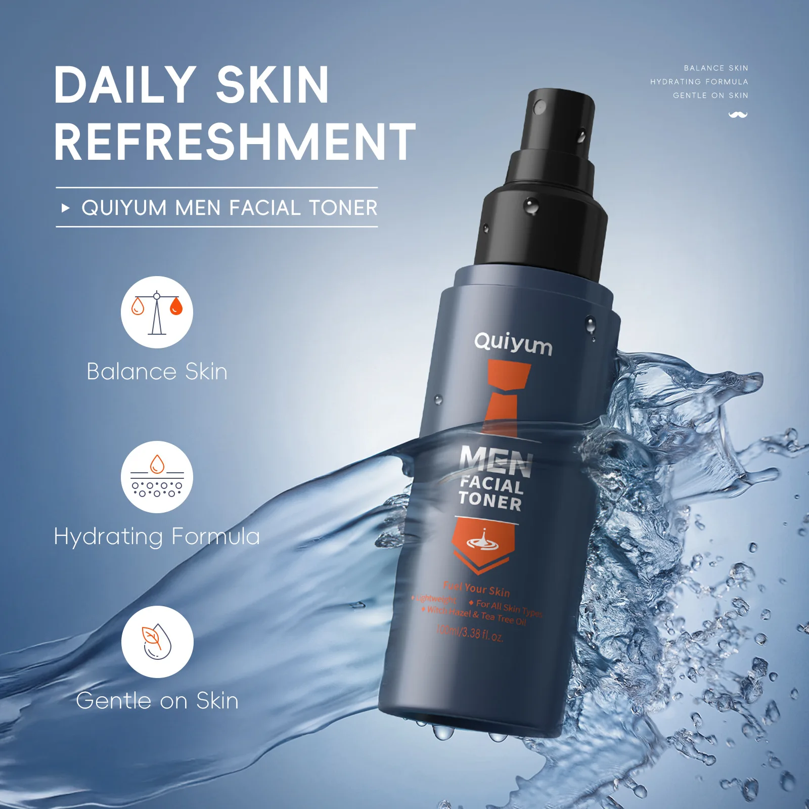 QUIYUM Men Facial Mist 100ml, Oil Control Hydrating Toner for Oily Skin, Lightweight Non-greasy Wet Compress Skin Alcohol Free
