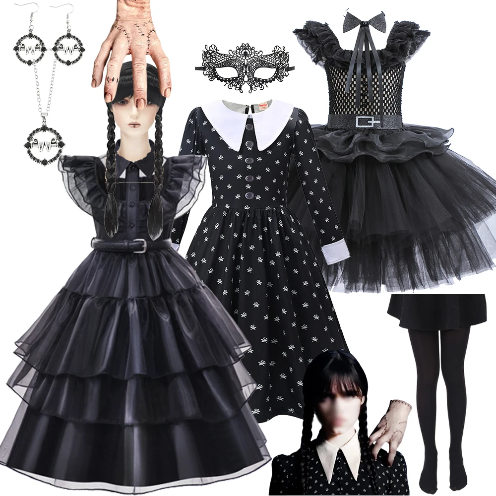 Wednsday Adam Costume Girl Halloween Dresses Cosplay Dark Little Loli Mesh TuTu Carnival Carty Disguise Merlina Costumes Girls