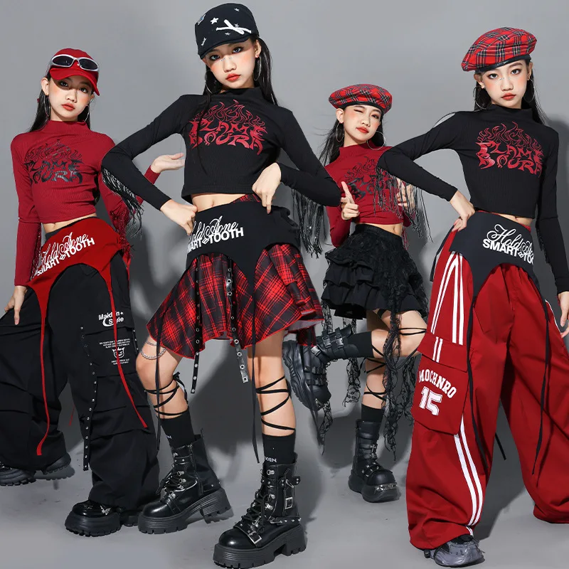 

Одежда для джазовых танцев, сценический костюм K-pop для девочек, красный укороченный топ, черные шорты, детский костюм для выступлений, костюм для уличных танцев в стиле хип-хоп