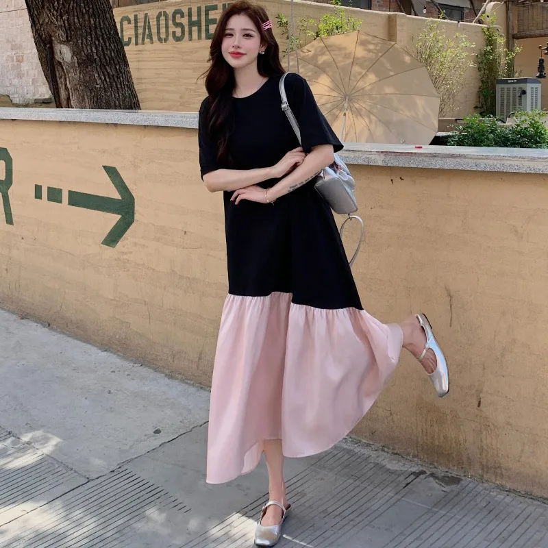 Abiti estivi da donna coreani Nuovo colore irregolare a contrasto con giunture O-collo abito a maniche corte Vita ampia Abiti maxi T-shirt