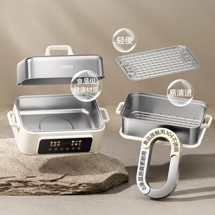 Vaporizador eléctrico de acero inoxidable para el hogar, olla integrada multifuncional de tres capas de gran capacidad para cocinar al vapor