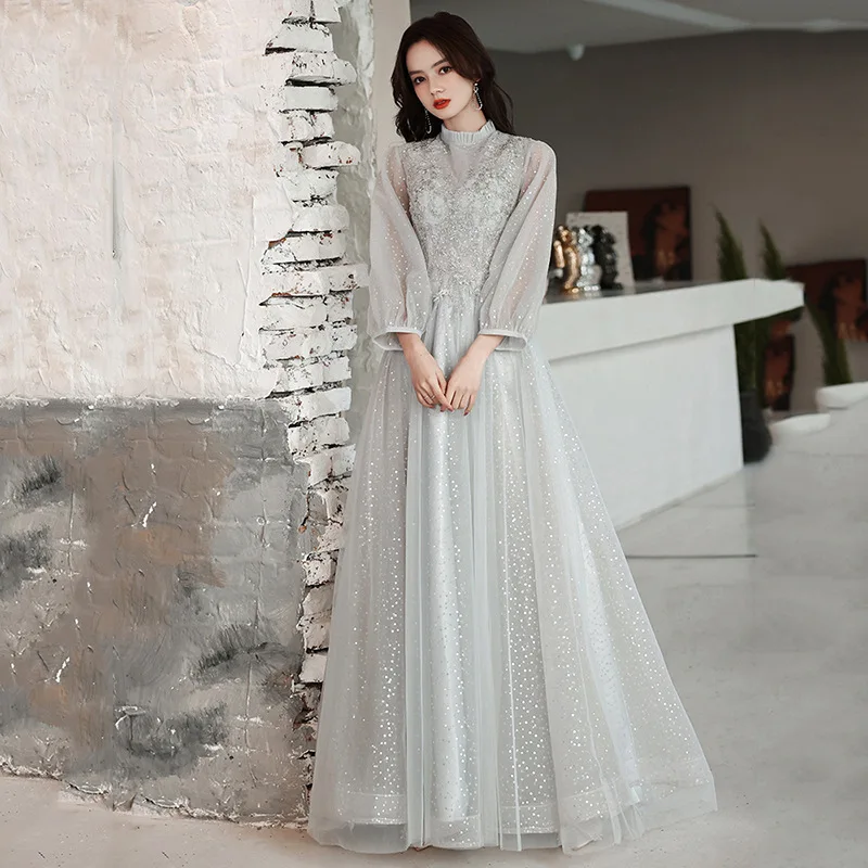 Elegant Long Sleeve Prom Dress Bling Sequins Applique Tulle Floor-length  A-line Wedding Banquet Bridesmaid Dresses