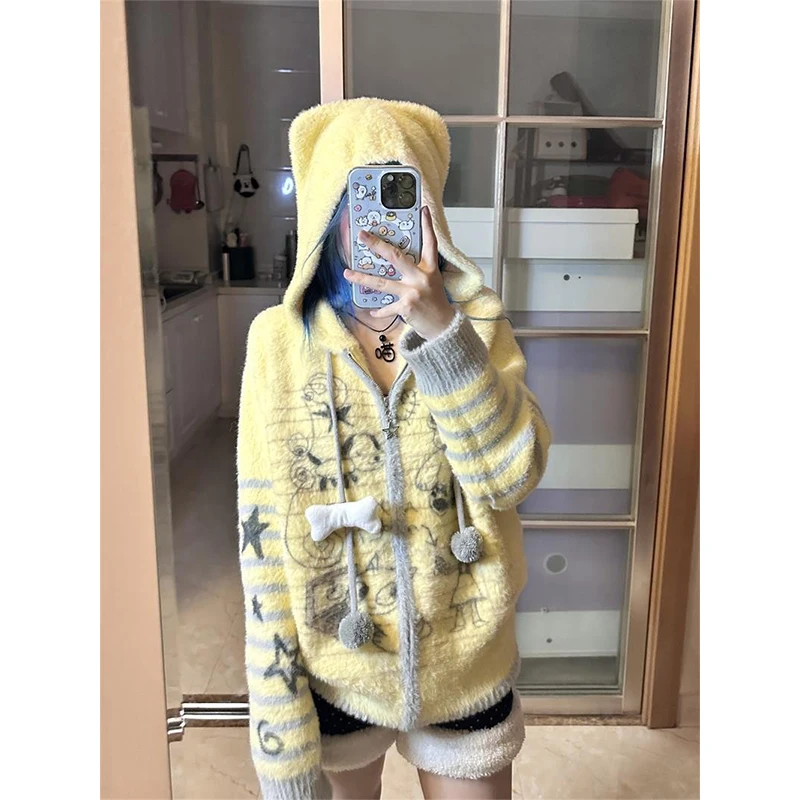 

MEXZT Kawaii вязаный кардиган с героями мультфильмов, женский милый японский свитер с капюшоном, верхняя одежда, полосатый трикотаж с принтом, зимние свободные джемперы