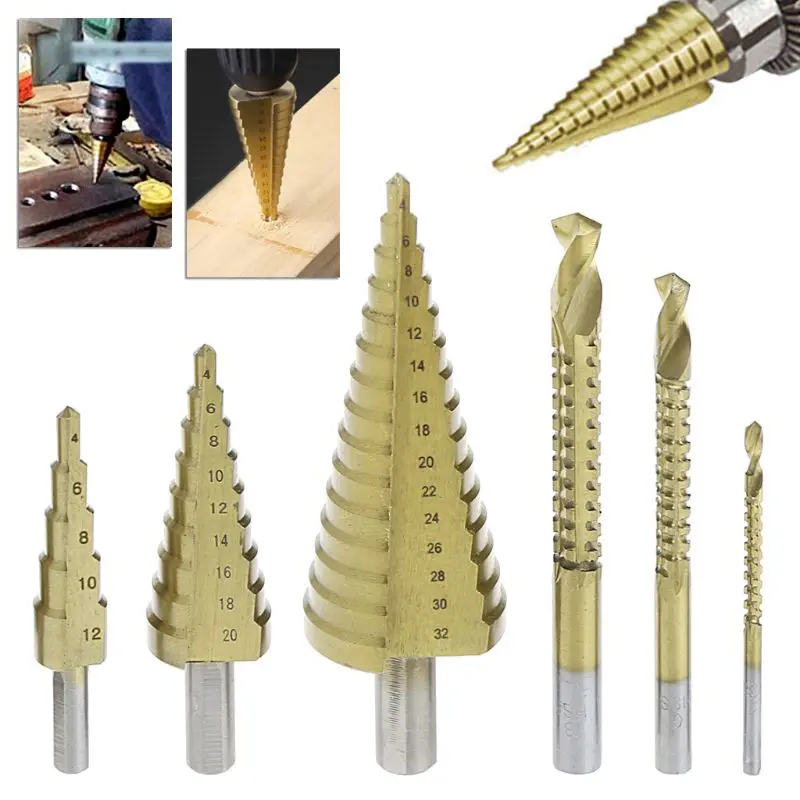 6 Pcs/Set HSS Steel for Titanium Coated Step Drill Bit Hole Cutter 4-32mm Metal