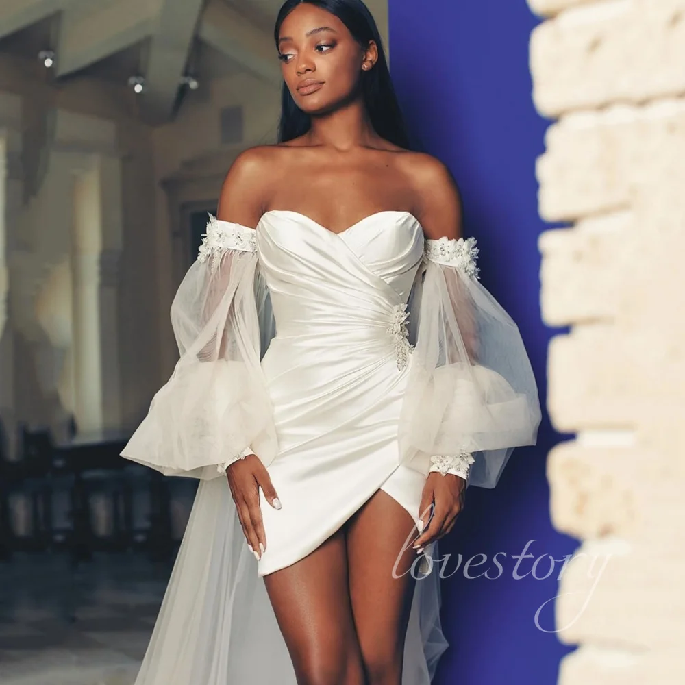 

New Arrival Sweetheart Off Shoulder Modern Wedding Dresses Puffy Sleeve Bridal Dress Mini Hip-covering Custom Bridal Gowns