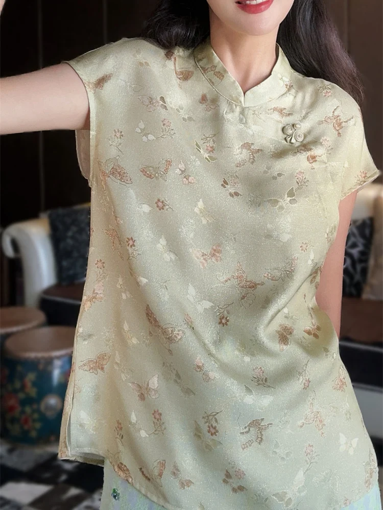 

Новая женская шелковая рубашка в китайском стиле с золотым цветочным узором, свободного кроя, с коротким рукавом, воротником-стойкой и застежкой на пуговицах