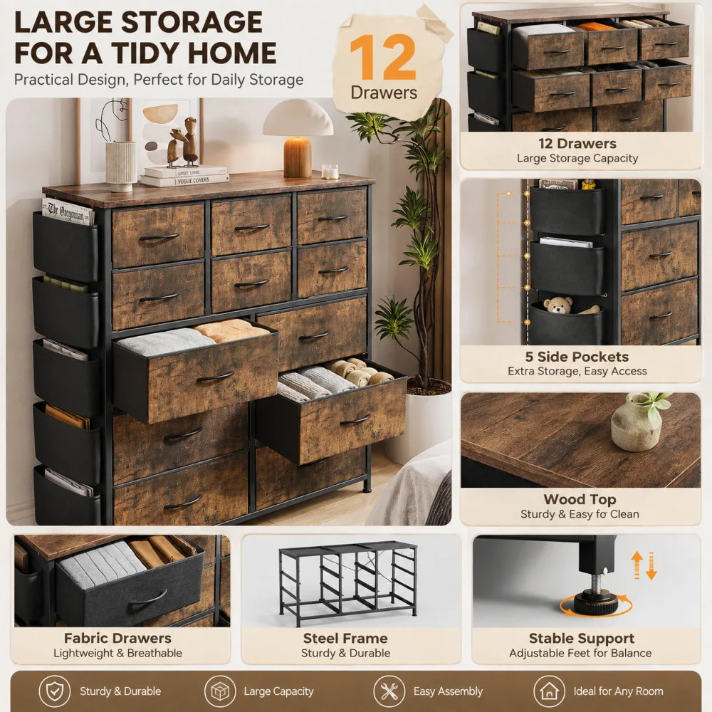 12 Drawer Fabric Dresser with Wood Top, Storage Chest Cabinet with Steel Frame and Side Pockets for Bedroom Home Organization image 3