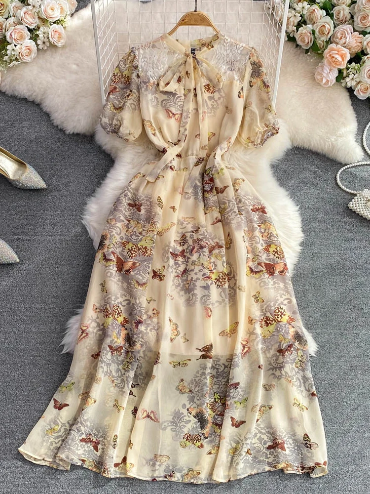 

Summer Retro Chiffon Dress Women Fashion Bow Tie Up Bubble Short Sleeves Wrapped Waist Slim A-line Elegant Long Dress