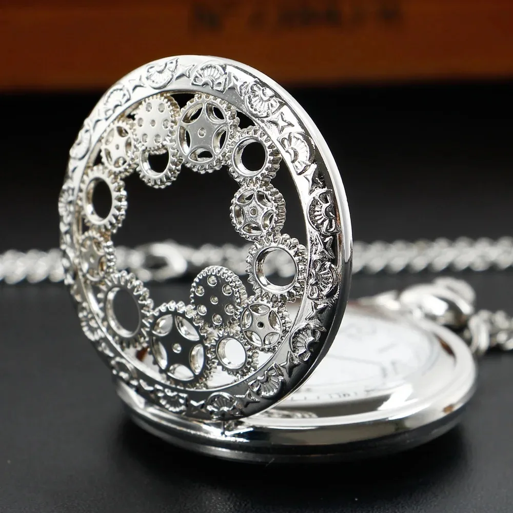 Sculptured Gear Hollow Skeleton Silver Pocket Watch Arabic Number Fob Watch Men Women Quartz Pendant Clock