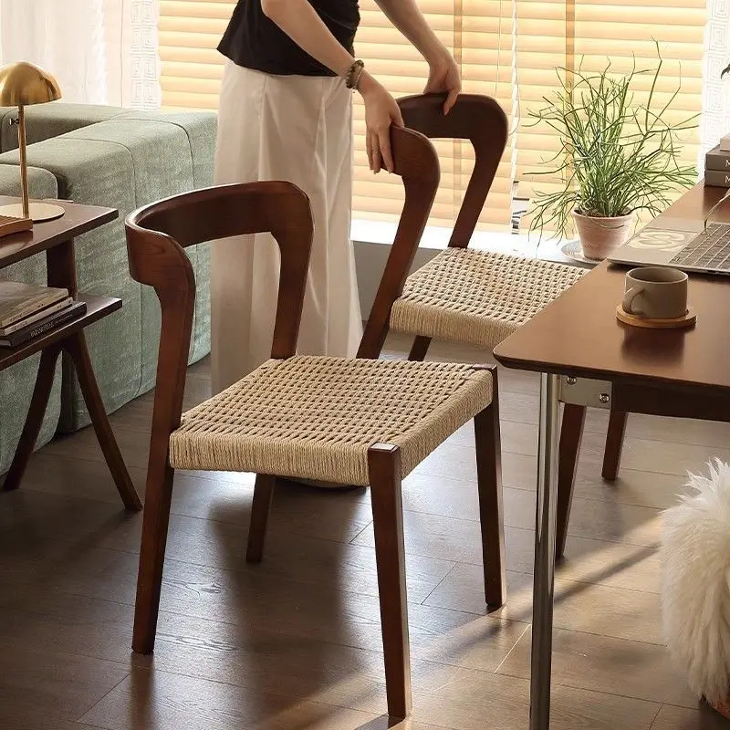 Solid wood dining chair retro makeup stool rattan woven stackable table and chair set