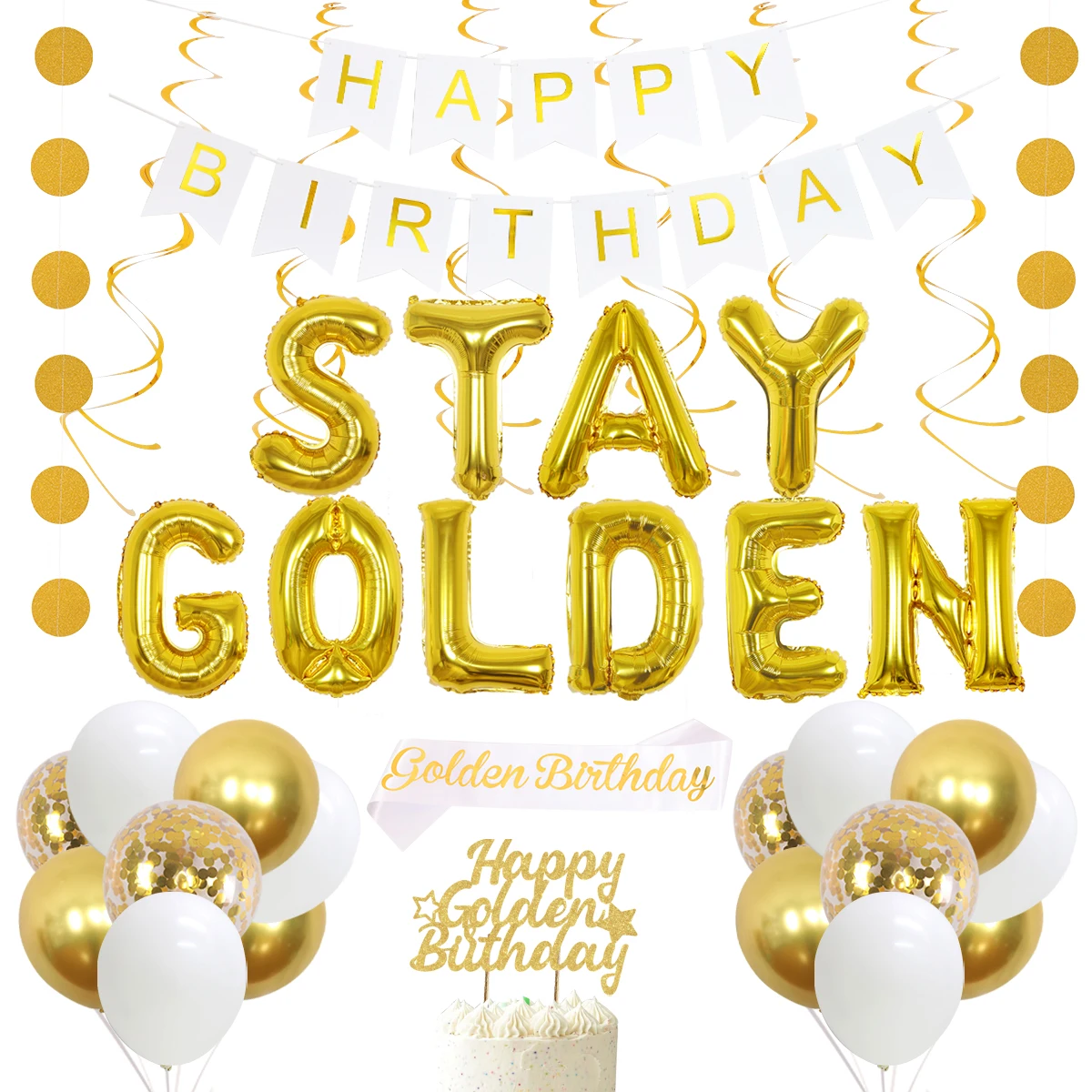 Sursurprise-Golden Birthday Party Decoration, Happy Birthday Banner, Golden Cake Topper, Balloons