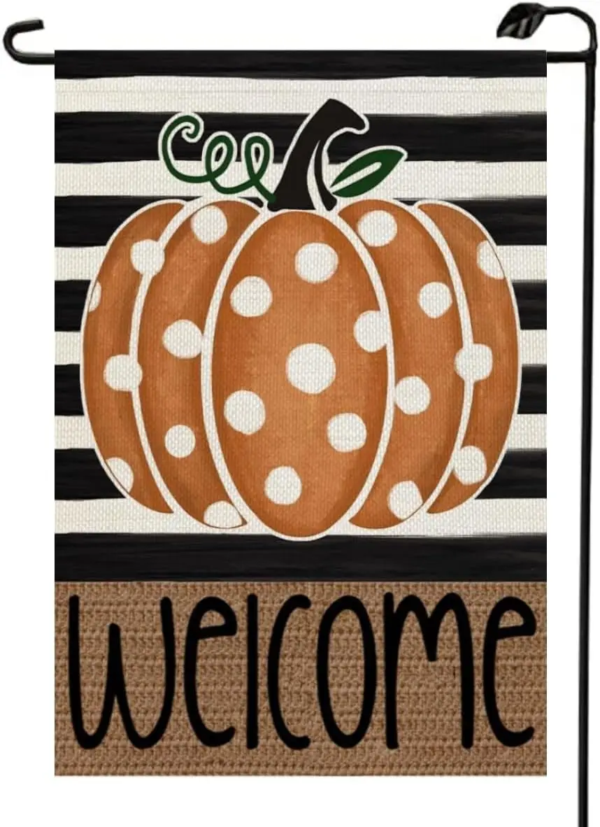 Welcome Fall Garden Flag 12x18 Inch Double Sided for Outside Stripes Polka Dots Orange Pumpkin Seasonal Small Flags Outdoor Deco