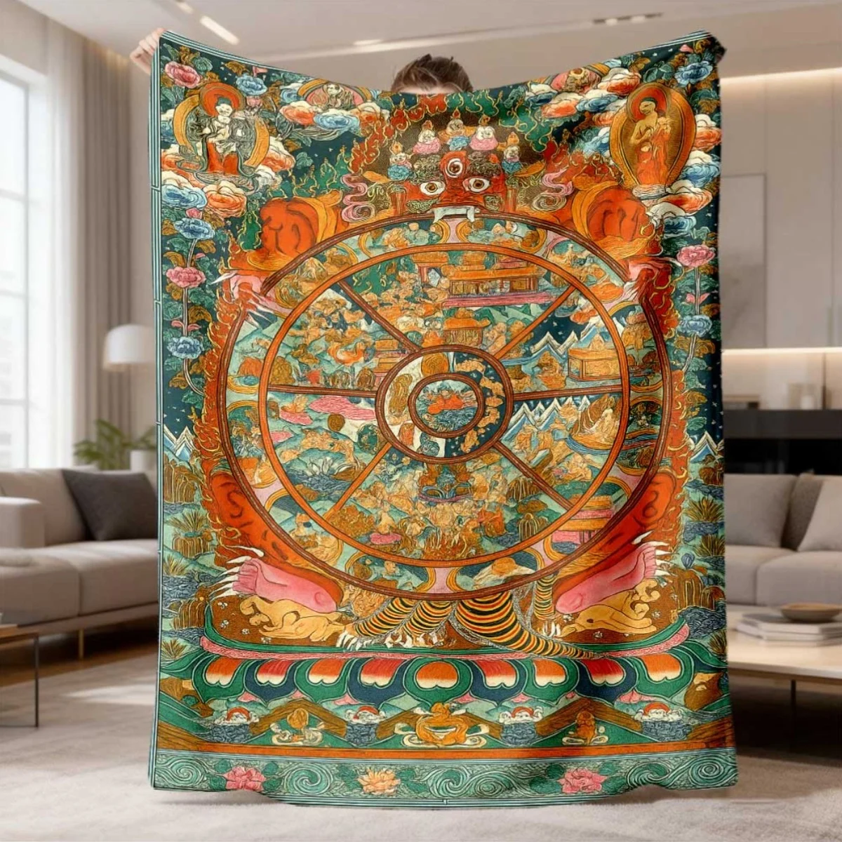 Tibet Thangka Life Wheel Buddhist Art Print Flannel Throw Blanket,Soft Warm Sofa Cover,Religious Gift For Bedroom Daily Rest Use