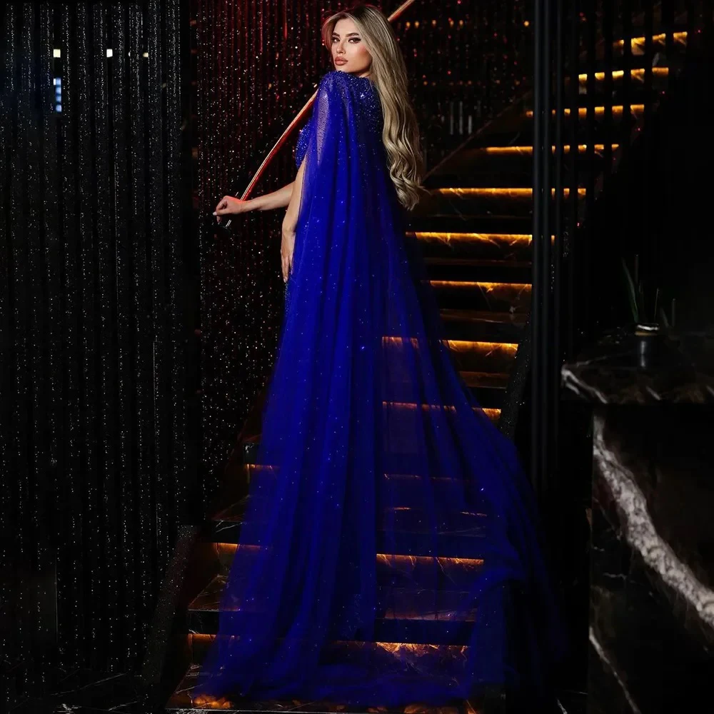 Luxury Dubai Royal Blue Mermaid Evening Dresses for Women 2024 Cape Sleeves Elegant Arabic Wedding Prom Formal Party Gowns