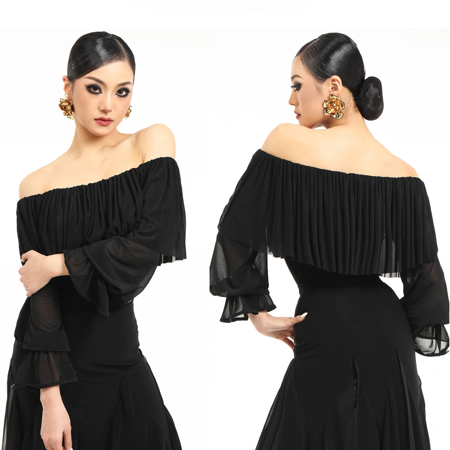 قارب الرقبة اللاتينية الرقص القمم النساء قاعة الرقص الملابس الفالس رومبا أداء الرقص الملابس السوداء اللاتينية ملابس رقص الجمباز BL16827