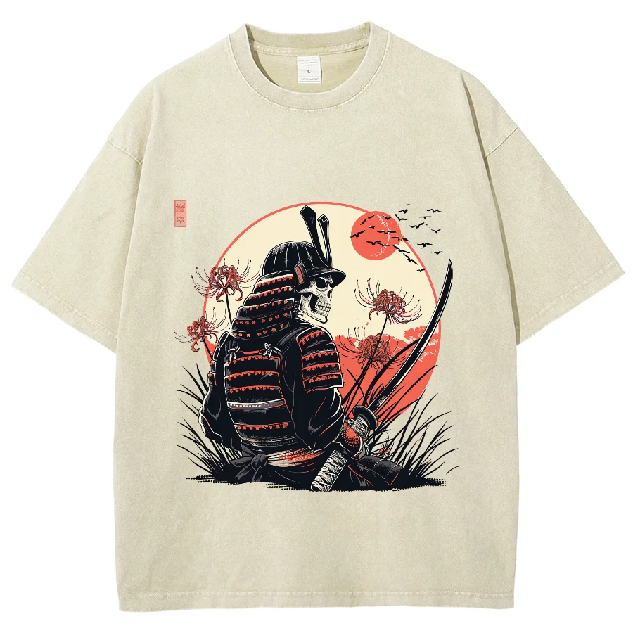 Fashion Trend Designer New T-Shirt Washed Denim Loose Shoulder Moonlight Skull With Knife Print Neutral Style Short Sleeve