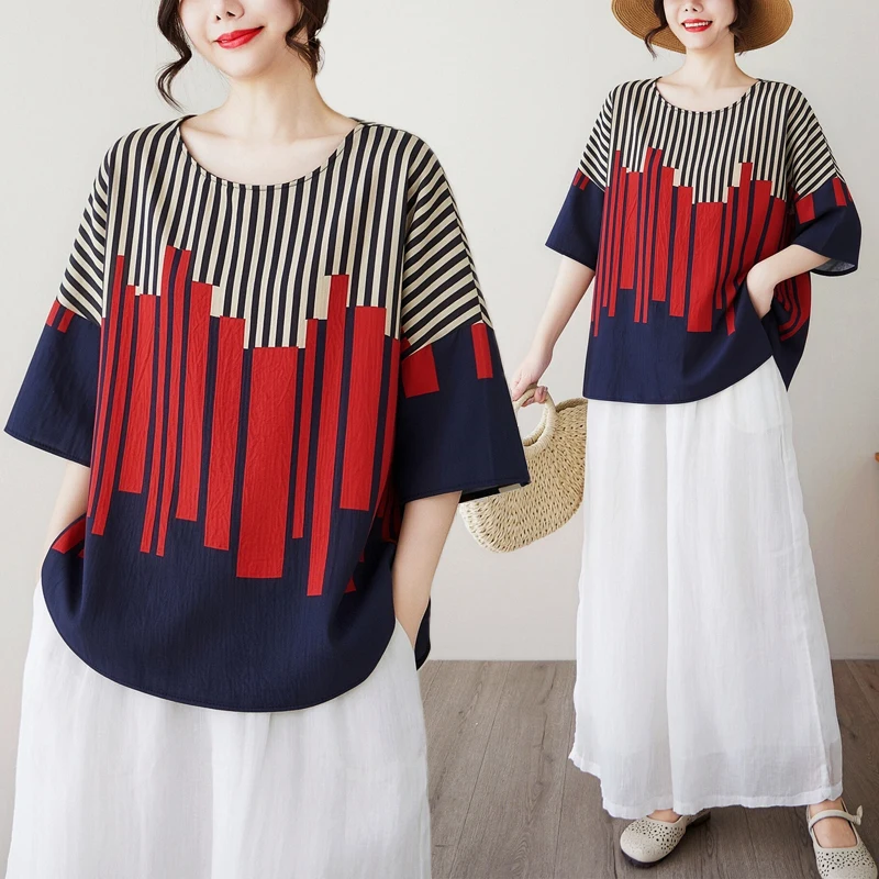 

Slimming Stripe Print T-Shirt Women's Loose Fit Modern Style Short Sleeve round Neck Casual Top Fashionable Color Block Design