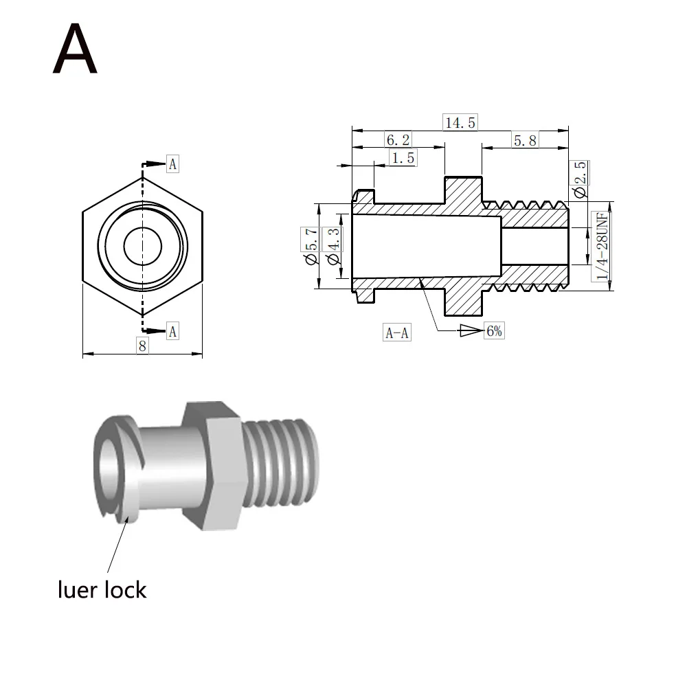 Tubulação plástica da válvula de ar dos pp do adaptador da linha 1/4 de luer-28unf que dispensa a colagem subpackaging conector do encaixe do tambor