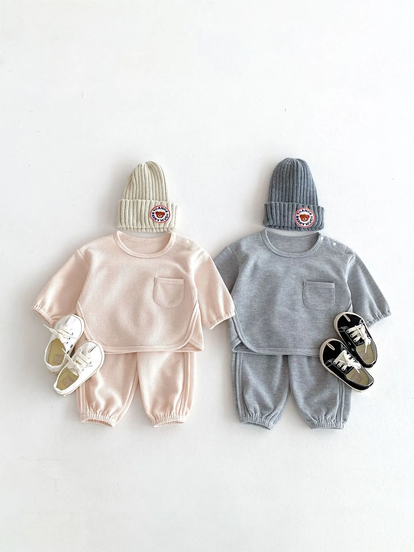 2024 Autumn New Toddler Baby Solid Waffle Set Infant Boy Girl Casual Tops + Pants 2pcs Suit Children Simple Versatile Outfits