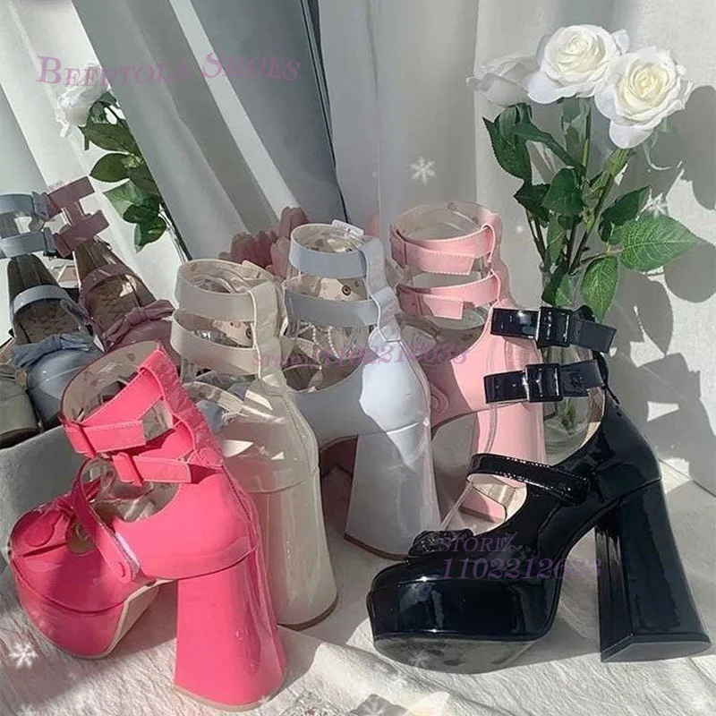 Cake Skirt Pink Girls Sandals Low Platform Heels Rose Cute Black Patent Leather Round Toe Bow Applique Buckle Pump White Shoes