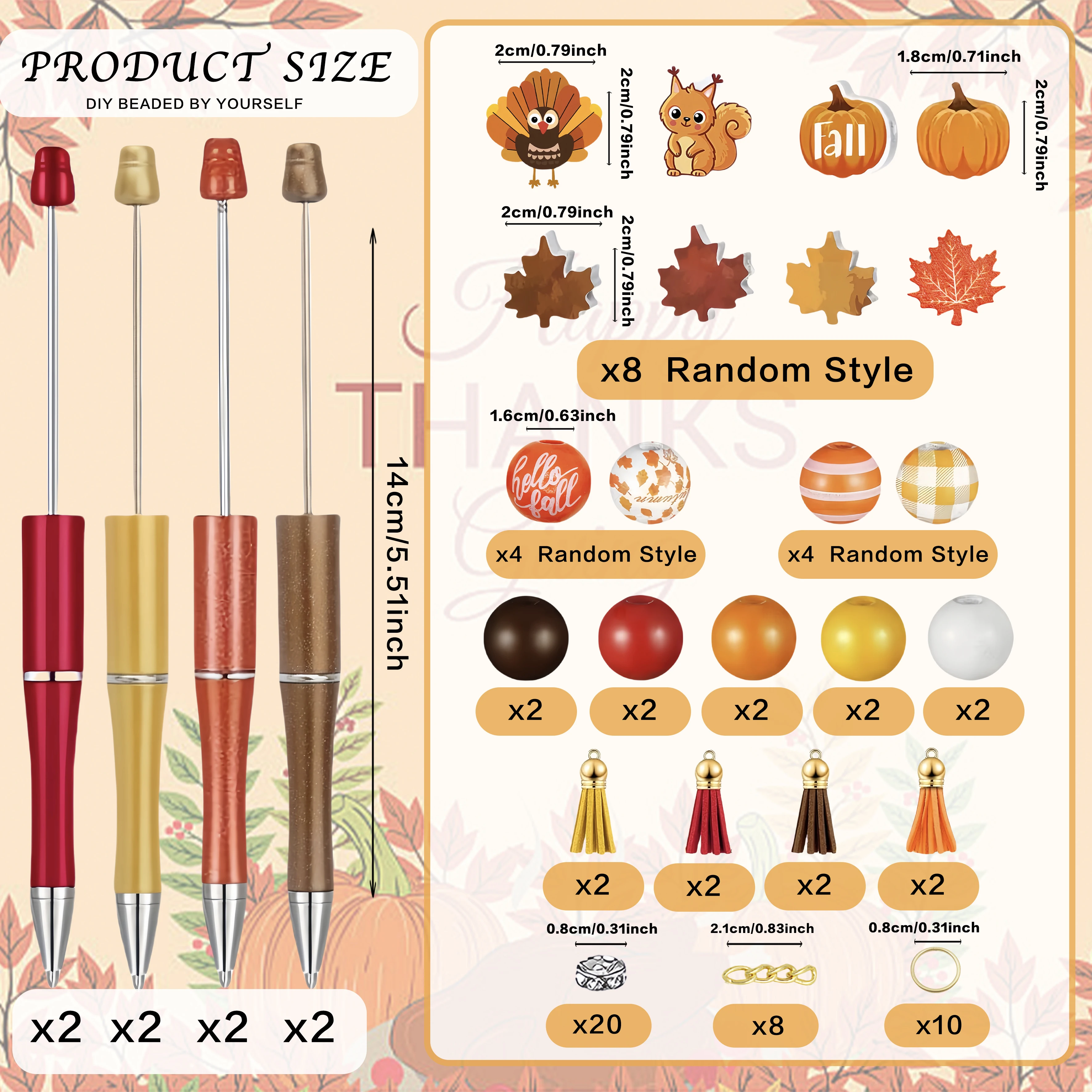 8pcs/set Thanksgiving Creative Ballpoint Pen, Squirrel Turkey Wood Bead DIY Bead Pen, Used for Writing, Learning, and Office