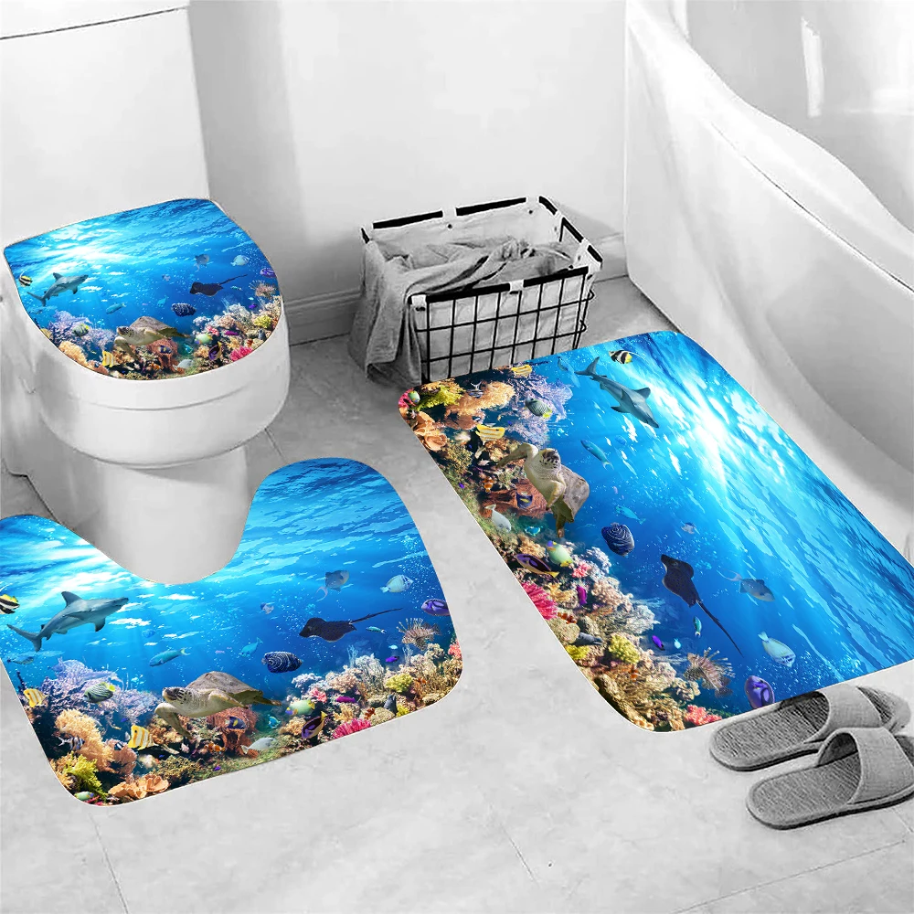 Cartoon Underwater Set of 3 Bathroom Bath Mat Set Soft Non Slip Mat Bathroom Rug Absorbent Shower Carpets Toilet Lid Cover Floor