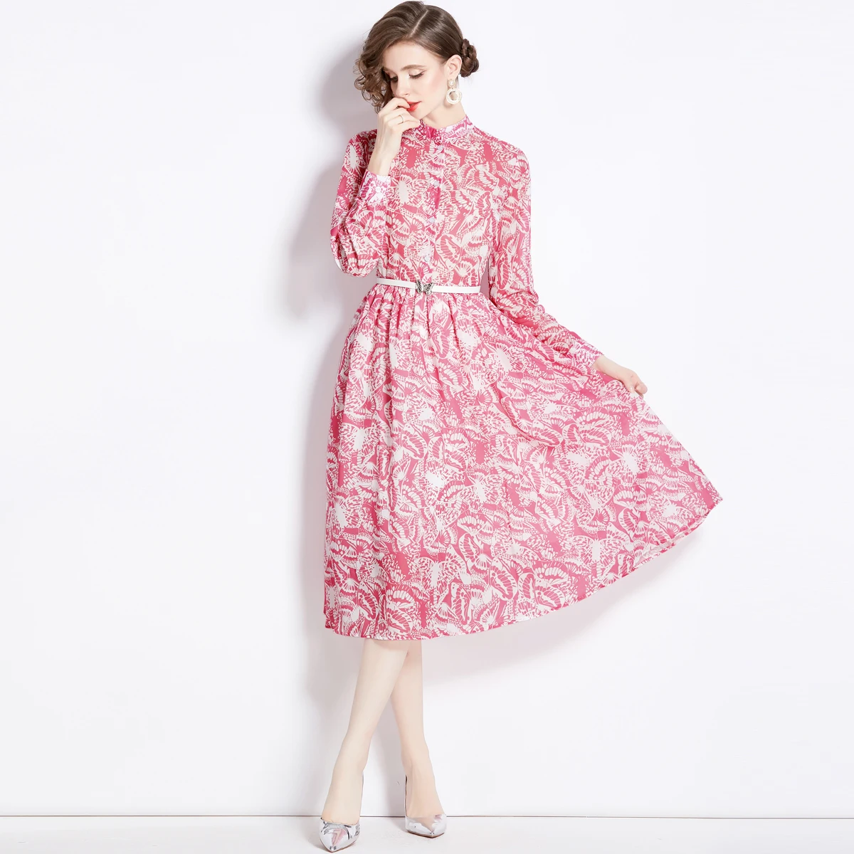 2024 Spring/Summer New Printed Butterfly Long Sleeved Belt Slim Fit Dress Pink Skirt