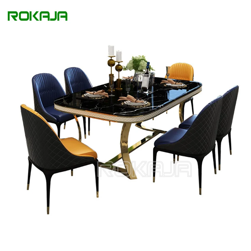 Luxury Royal Dining Room Tables Stainless Steel Black Marble Dining Table 6 Seater Sets Furniture