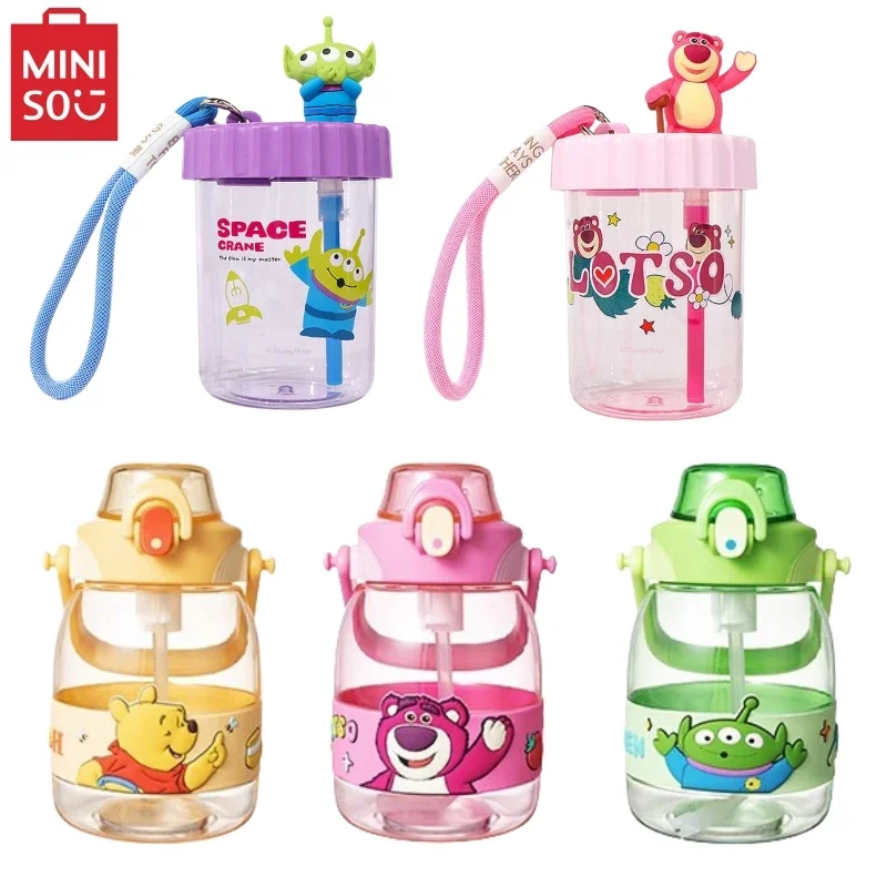 MINISO Disney Lotso Alien Winnie 520ml Plastic Water Cup Children Cartoon 1200ml Large Capaity Portable Straw Cup Student Gift