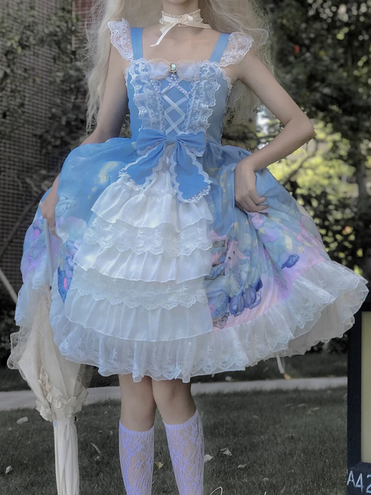 Kimokokkm – robe de princesse en dentelle Style Lolita, Kawaii, col carré, nœud en dentelle, volants en cascade, sans manches, douce, Cosplay