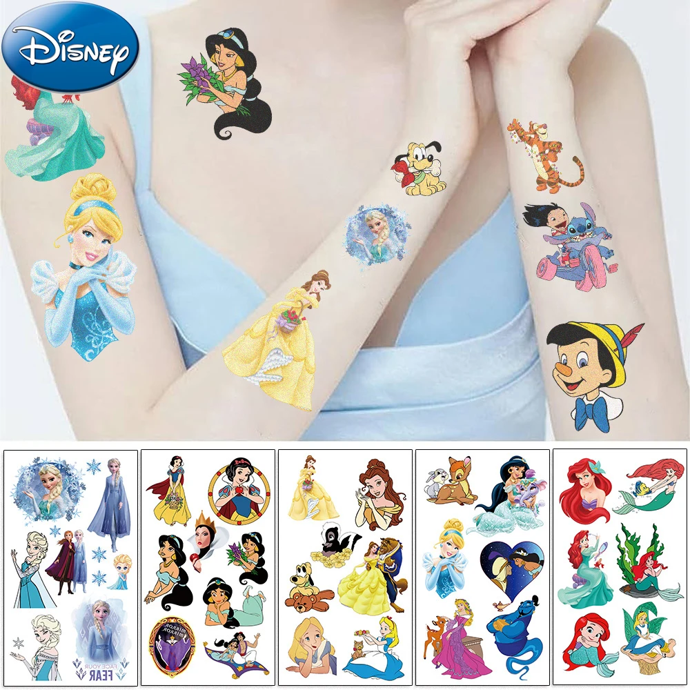 10pcs Disney Mix Anime Cartoon Tattoo Stickers Cute Stitch Snow White Figure Temporary Tattoo for Kids Girl Birthday Party Gifts