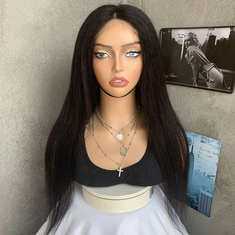 

Kinky Straight Lace Front Wigs Human Hair 13x4 HD Tranpasrent Yaki Прямой парик из натуральных волос Предварительно выщипанный с детскими волосами Kinky St