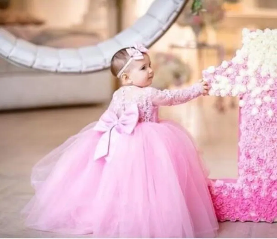 Robe de premier anniversaire rose pour bébé fille, avec grand nœud, en dentelle et tulle, manches longues, robe de baptême Lolita, nouvelle collection