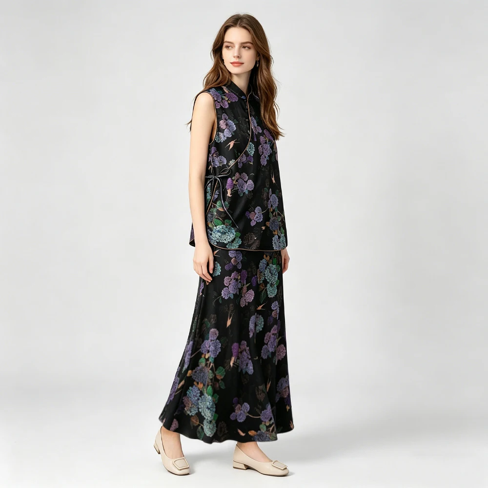 Women's Fashion New Black Embroidered Flower 100% Natural Mulberry Silk Fragrant Cloud Yarn Extended Slant Cut Fish Tail Skirt