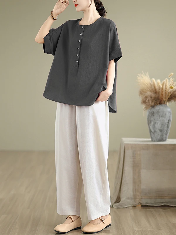 

Cotton Linen Loose Fit Women's Faion Set Summer New Sle Slimming Two Piece Suit Agel Clothing round Ne ort Sve