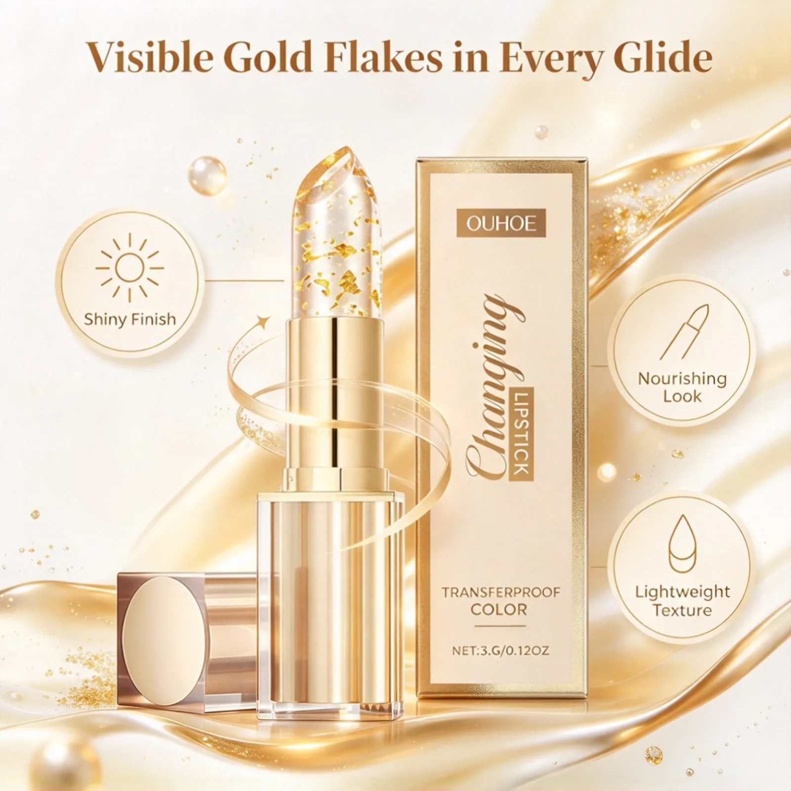 Color Changing Lipstick 3.5g Moisturizing Non Greasy Transferproof with Gold Flecks Hydrating Long Lasting Lip Care Makeup