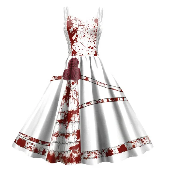 2024 New Halloween Skirt Women's Suspender Dress European and American Digital Printing Thriller Skirt