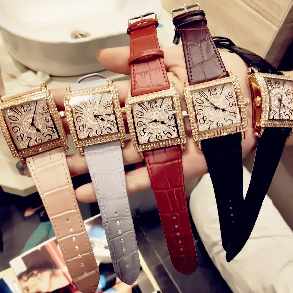 Mobangtuo Women Men Quartz Watch Square Shaped Rose Gold Reloj Genuine Leather Luxury Diamond Man Clock Ladies Male Wristwatch