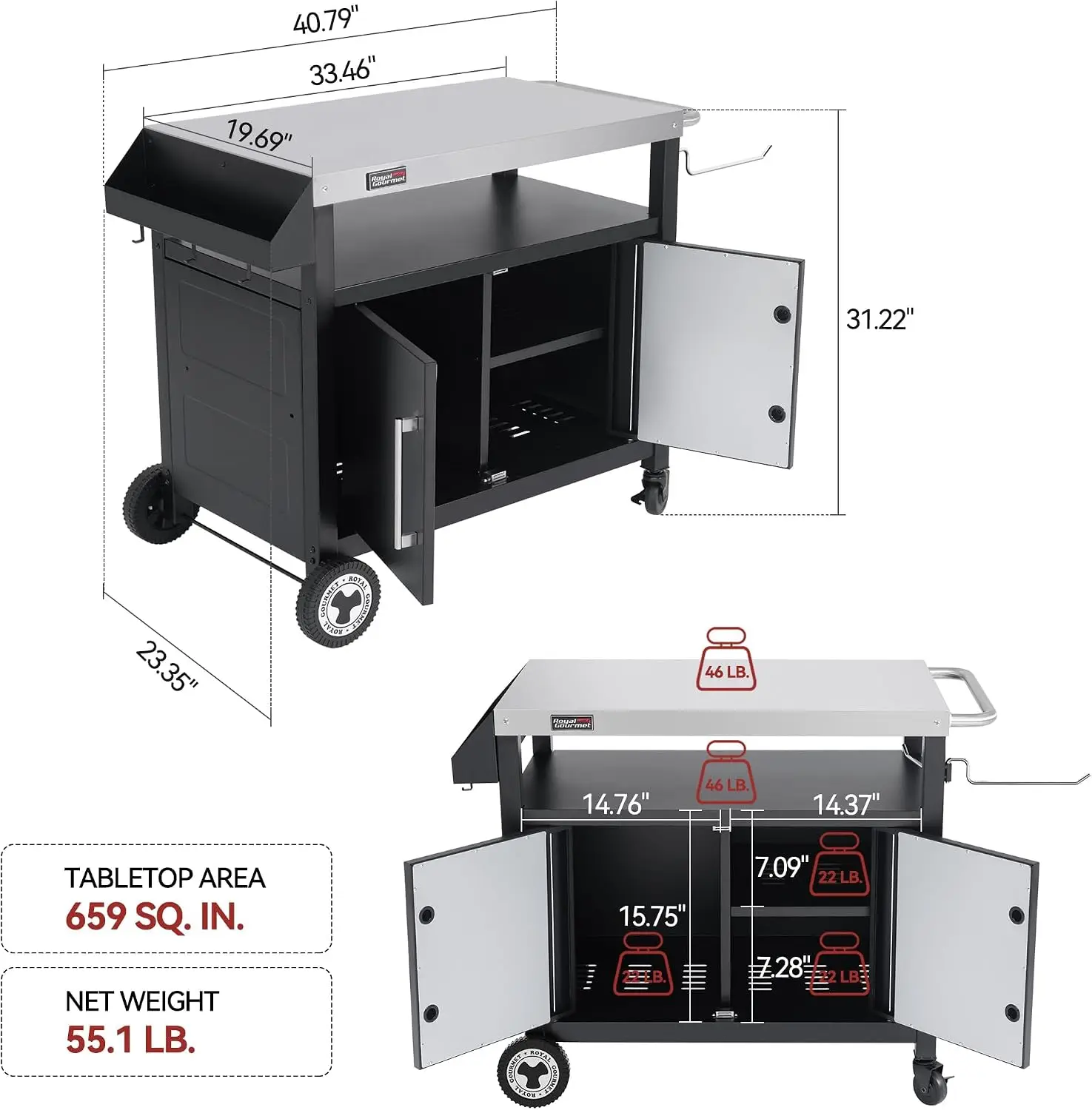 Outdoor Grill Cart with Wheels, Movable Kitchen Island with Storage Cabinet for BBQ, Stainless Steel Dining Cart Table