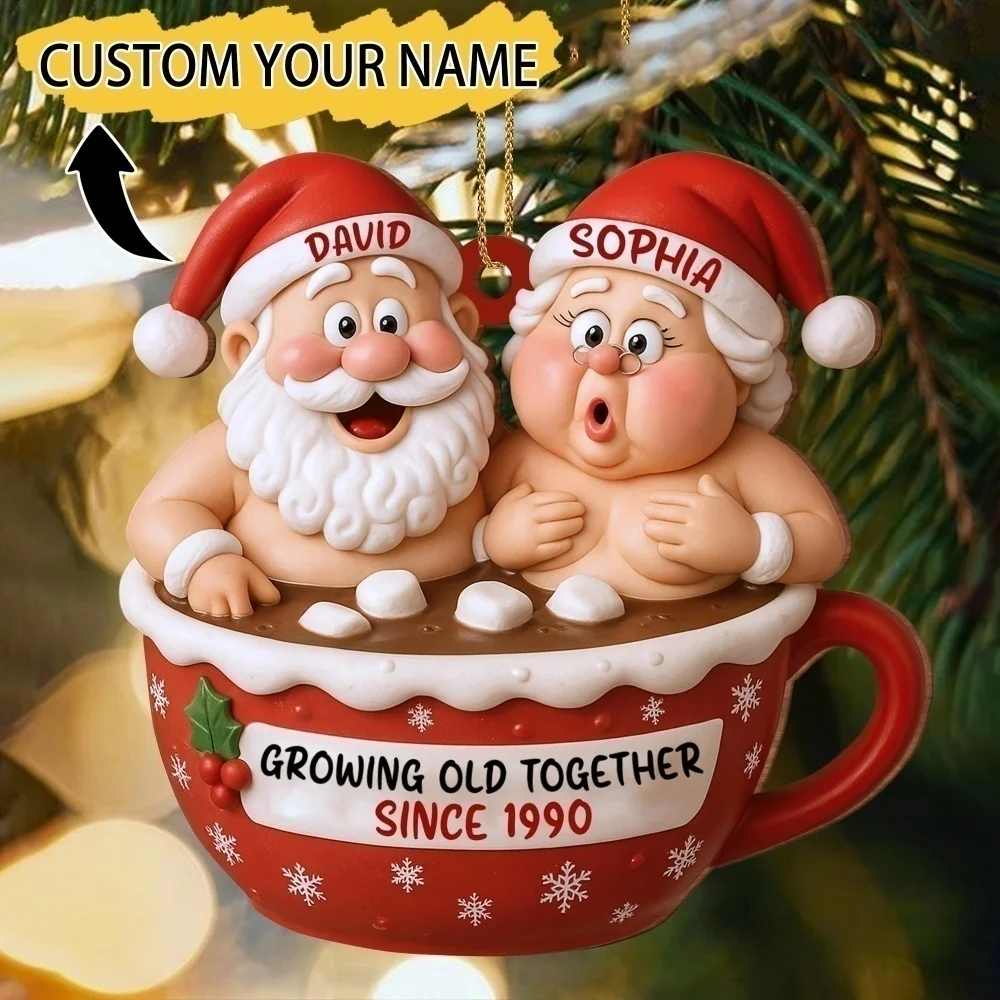 Custom Names Year Santa Couple Christmas Ornament, 2D Acrylic Hot Chocolate Mug Pendant, Growing Old Together Xmas Tree Keepsake - view 3